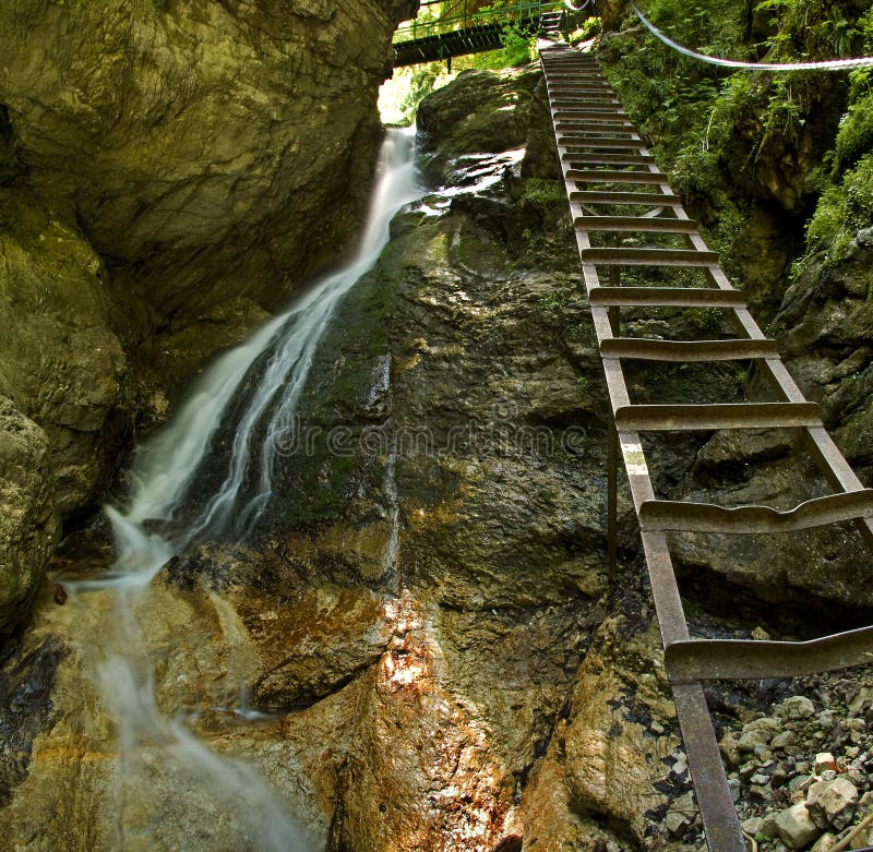 Waterfall with ladder in canyon