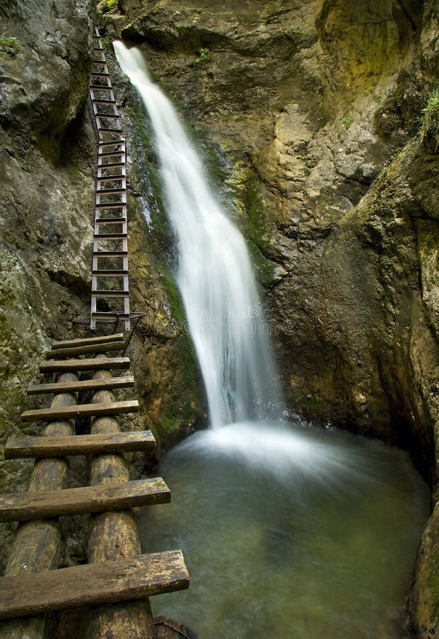 Waterfall with ladder in canyon