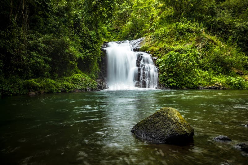 Waterfall landscape. Beautiful hidden Canging waterfall in tropical jungle in Sambangan, Bali. Slow shutter speed, motion