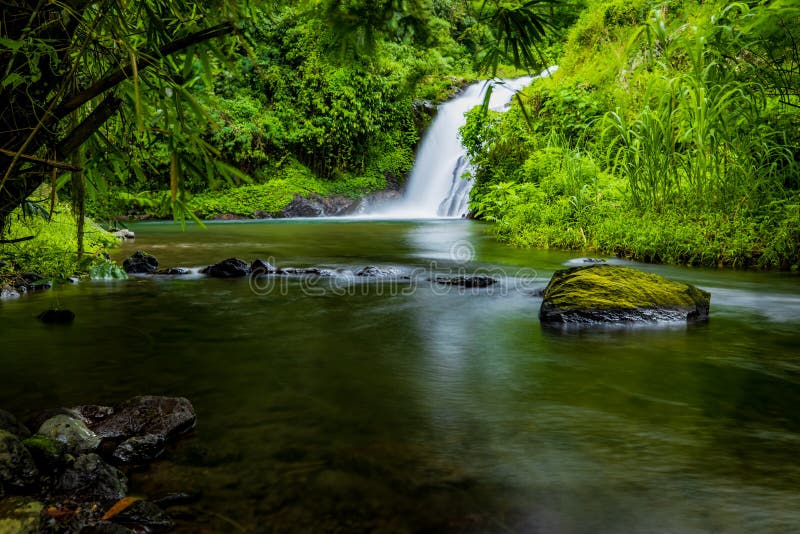 Waterfall landscape. Beautiful hidden Canging waterfall in tropical jungle in Sambangan, Bali. Slow shutter speed, motion