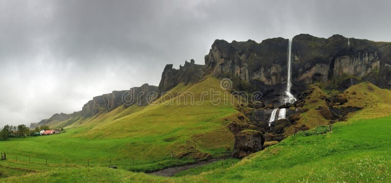 Waterfall landscape, south east Iceland - panorama stock photo Waterfall landscape, south east Iceland - panorama stock photo