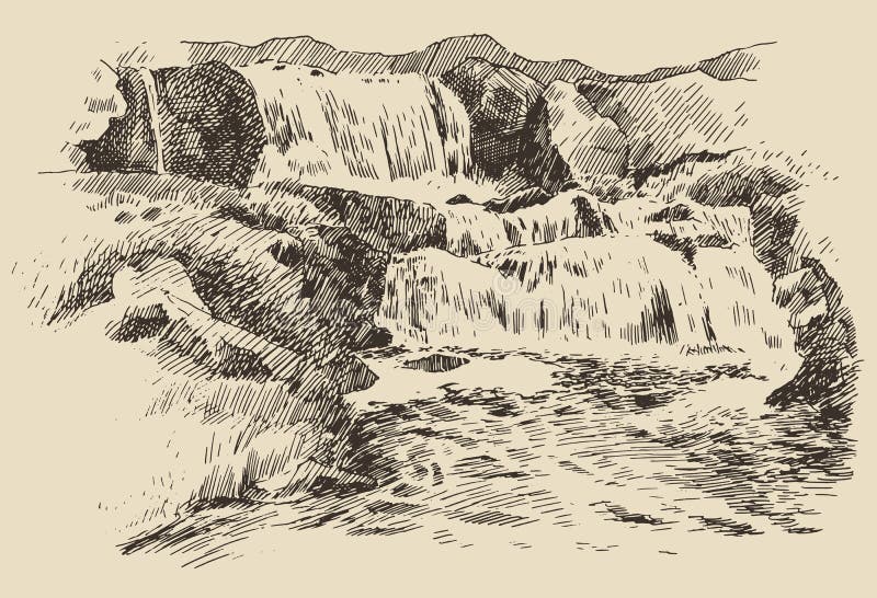 Waterfall landscape vintage engraving illustration. Waterfalls landscape vintage engraving illustration of beautiful waterfalls hand drawn stock illustration Waterfall landscape vintage engraving illustration. Waterfalls landscape vintage engraving illustration of beautiful waterfalls hand drawn stock illustration