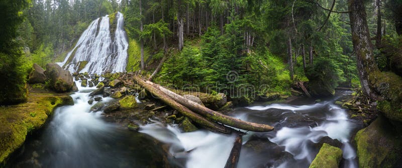 Waterfall mountain view close up. Mountain river waterfall landscape. River scene. Forest waterfall view. Waterfall forest