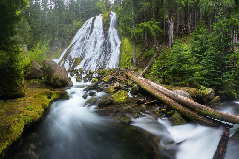 Waterfall mountain view close up. Mountain river waterfall landscape. River scene. Forest waterfall view.