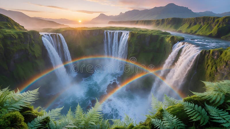Majestic Double Rainbow Arcing Over Powerful Waterfall at Sunrise vector illustration