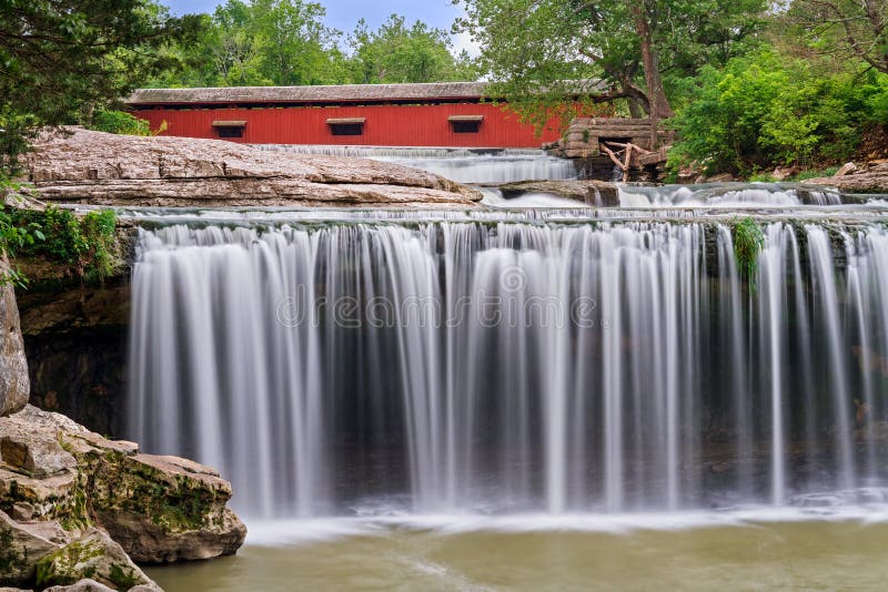Waterfall and Red Covered Bridge