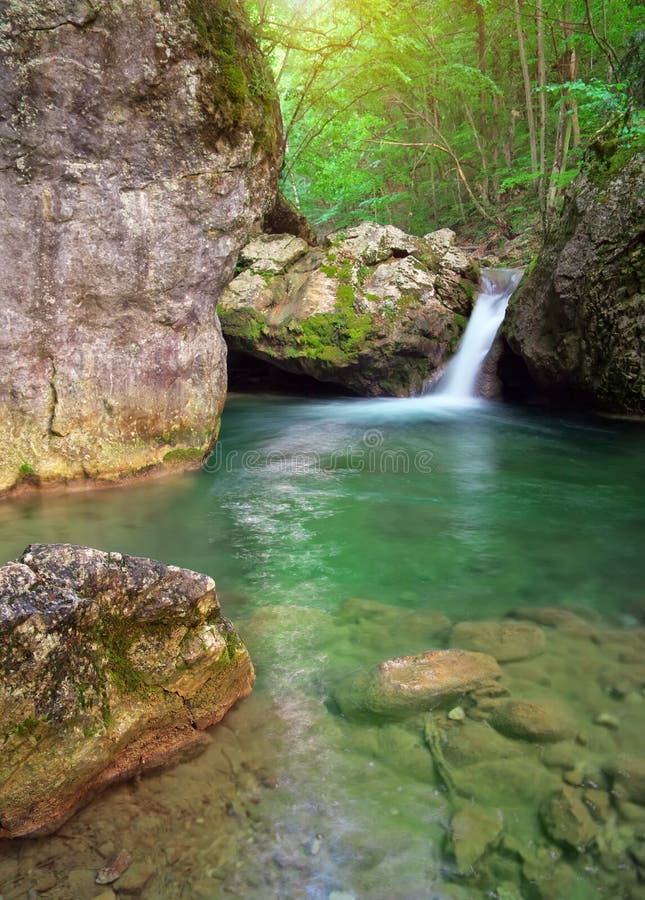 Waterfall. Spring wood and river.