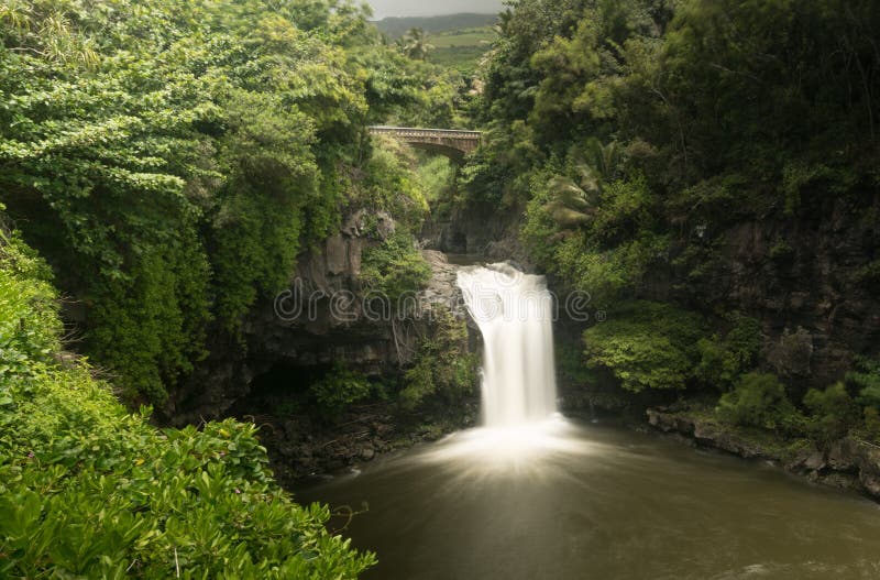 Waterfall under road bridge at Seven Sacred Pools Maui