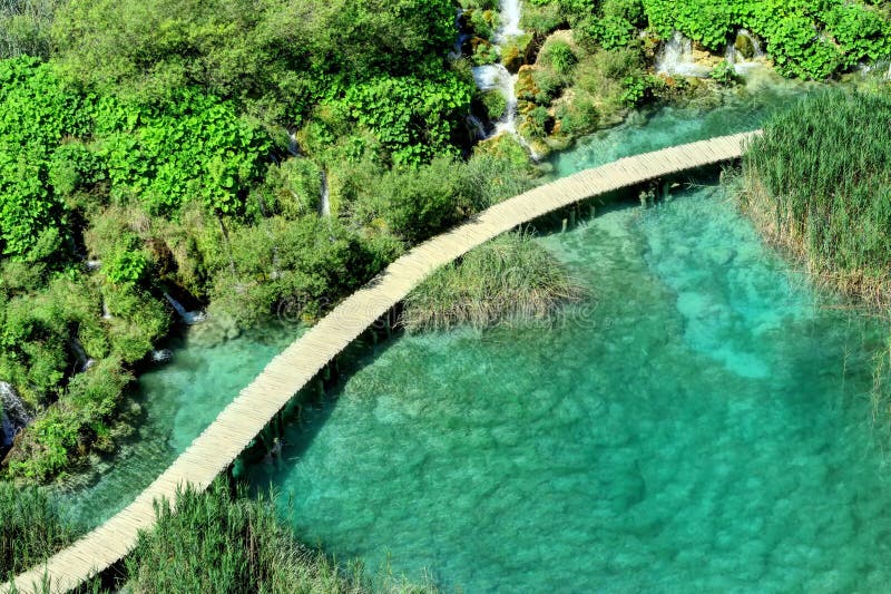 Waterfalls, lakes, and wooden walkway, at Plitvice Lakes royalty free stock photography Waterfalls, lakes, and wooden walkway, at Plitvice Lakes royalty free stock photography