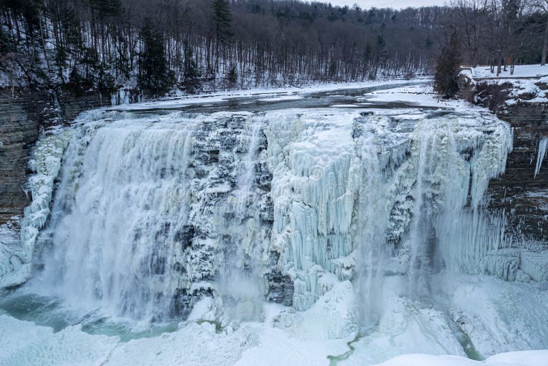 Waterfalls in Letchworth State Park View during Winter. USA Stock Image