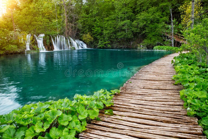 Waterfalls and pathway in the Plitvice National Park, Croatia