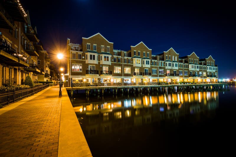 Waterfront Apartment Building at Night, in Canton, Baltimore, Ma Stock