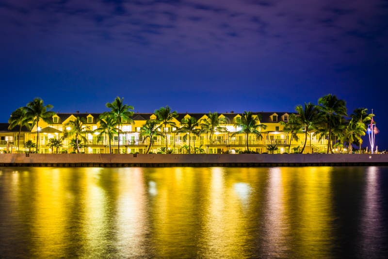 Waterfront Hotel at Night, in Key West, Florida. Stock Photo Image of