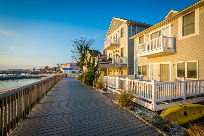 Waterfront Houses and Boardwalk, in North Beach, Maryland. Stock Image