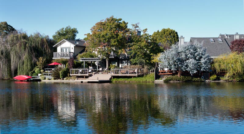 Waterfront property with doc and red canoe