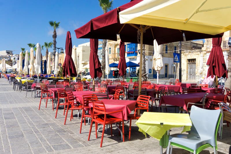 Waterfront Restaurant Area in Marsaxlokk, Malta Stock Image Image of