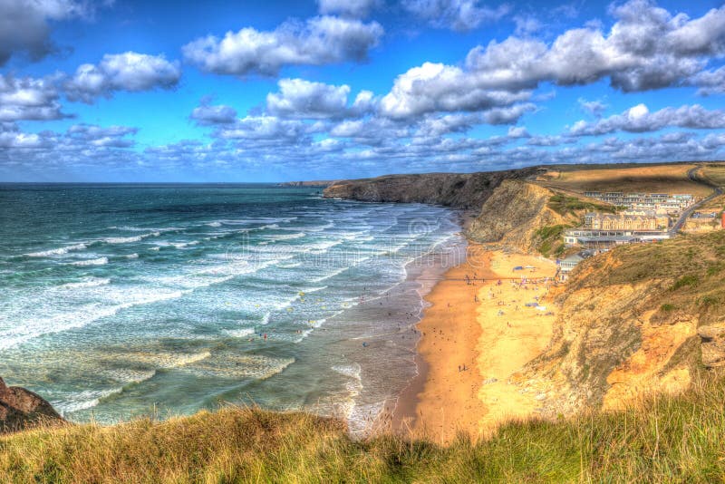 Watergate Bay Cornwall England UK north coast between Newquay and Padstow in colourful HDR