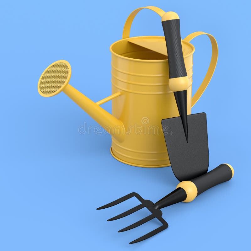 Watering Can with Garden Tools Like Shovel, Rake and Fork on Blue ...