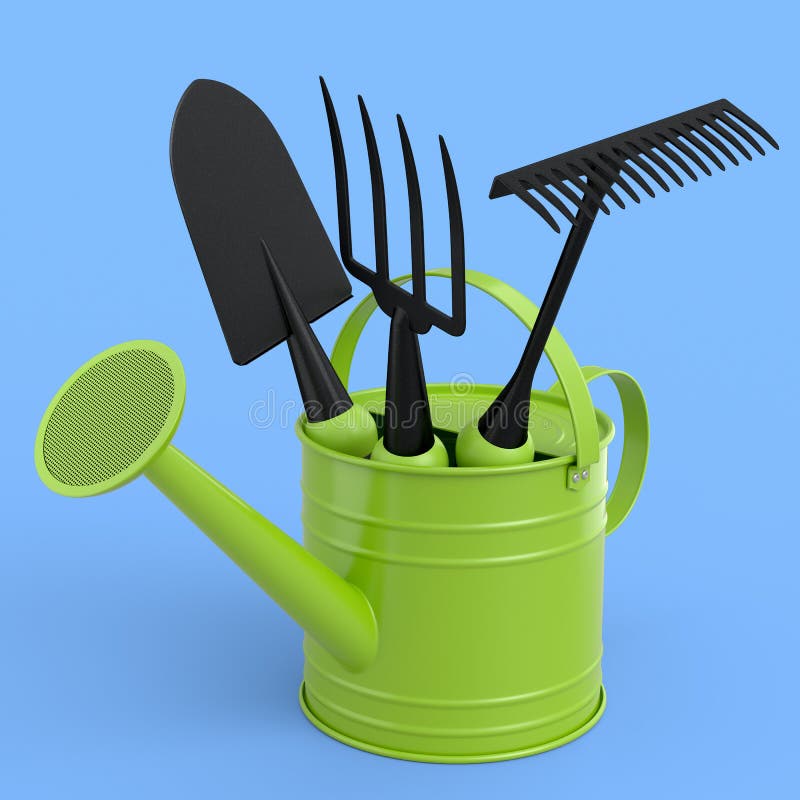 Watering Can with Garden Tools Like Shovel, Rake and Fork on Blue ...