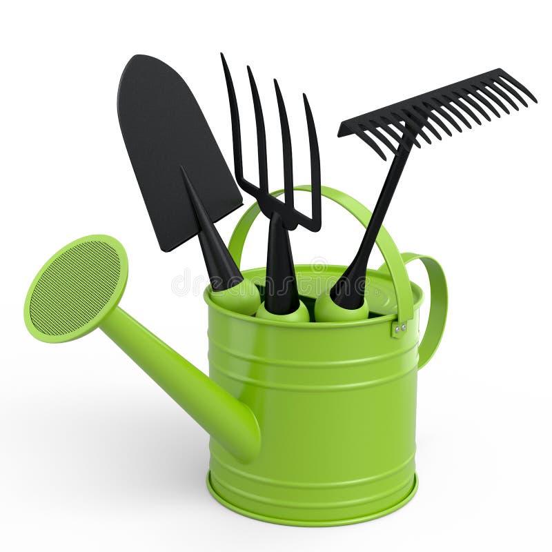 Watering Can with Garden Tools Like Shovel, Rake and Fork on White ...