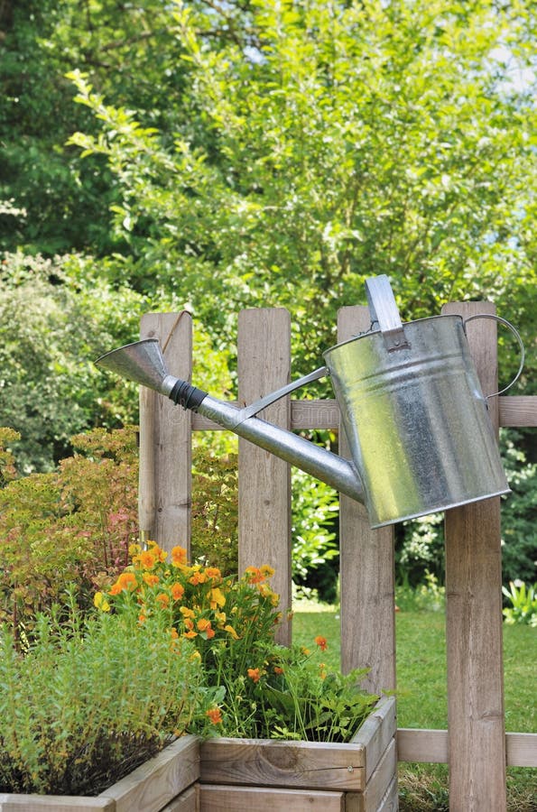 Watering can in rustic garden