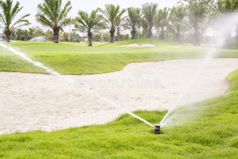 Sprinkler watering in golf course.