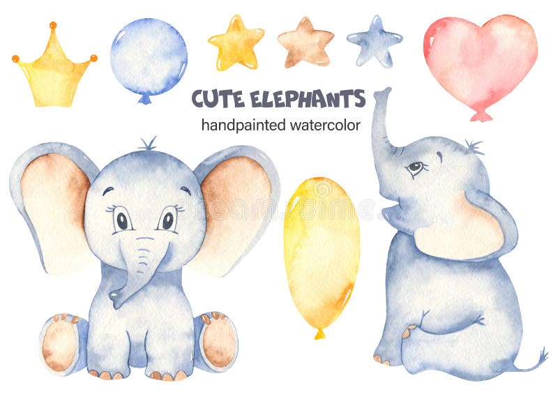Waterkleur schattige kleine olifanten met ballonnen vector illustratie Waterkleur schattige kleine olifanten met ballonnen vector illustratie