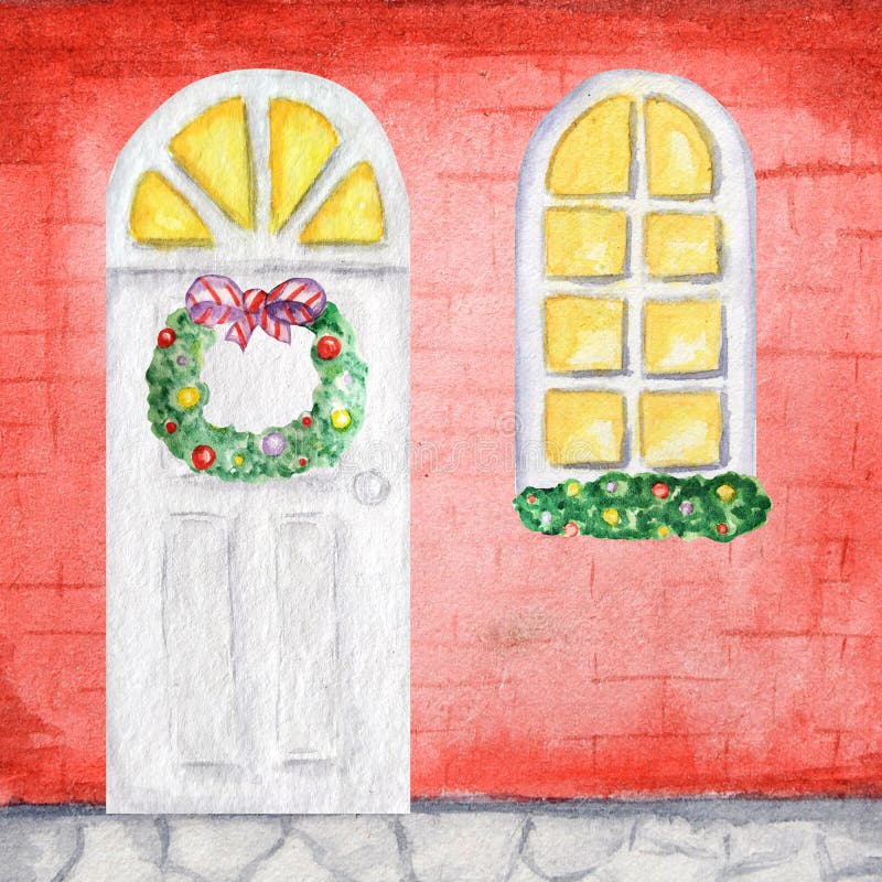 Watercolor white wodden doors and luminous windows in vintage style on red background wall with Christmas decorations. Hand drawing of New Year greeting card, poster. Watercolor white wodden doors and luminous windows in vintage style on red background wall with Christmas decorations. Hand drawing of New Year greeting card, poster