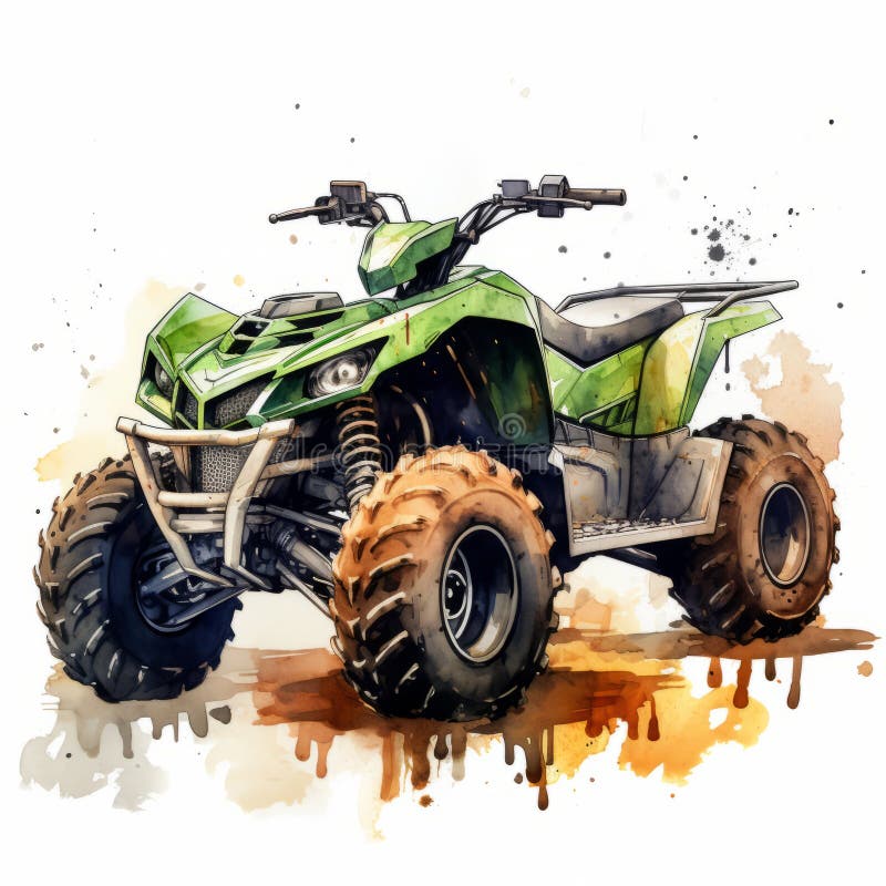 an atv painted with splatters in the style of realistic watercolors. the artwork features dynamic brushwork vibrations, strong use of color, high-contrast shading, and varied brushwork techniques. the colors used include light brown, green, dark violet, and light green. ai generated. an atv painted with splatters in the style of realistic watercolors. the artwork features dynamic brushwork vibrations, strong use of color, high-contrast shading, and varied brushwork techniques. the colors used include light brown, green, dark violet, and light green. ai generated