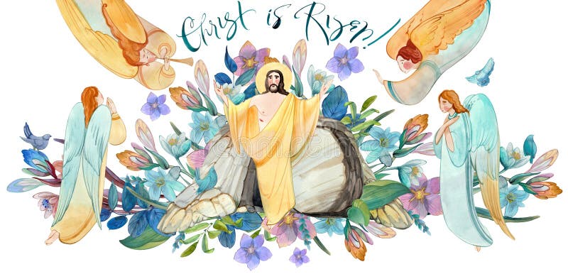 Waterkleurenillustratie weergeven : grot risen jesus christ bewijst engelenbloem met een laag inscriptietrist is verhoogd - easter