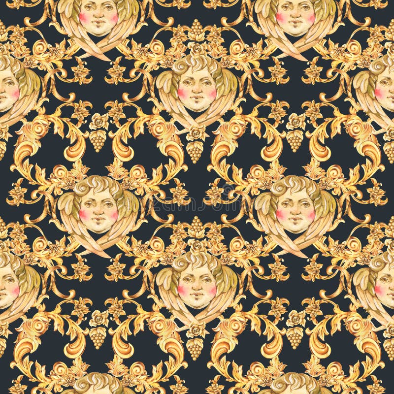 Waterkleurenluxe gouden barokangel naadloos patroon, florale krullen, rococo-versiering Met de hand getrokken gouden gezichtsbede vector illustratie Waterkleurenluxe gouden barokangel naadloos patroon, florale krullen, rococo-versiering Met de hand getrokken gouden gezichtsbede vector illustratie