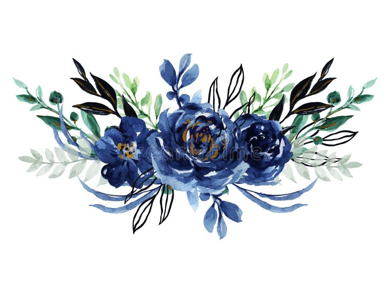 Waterkleurige elegant vintage navy indigo blue flower bouquet en met de hand geschilderde bladeren