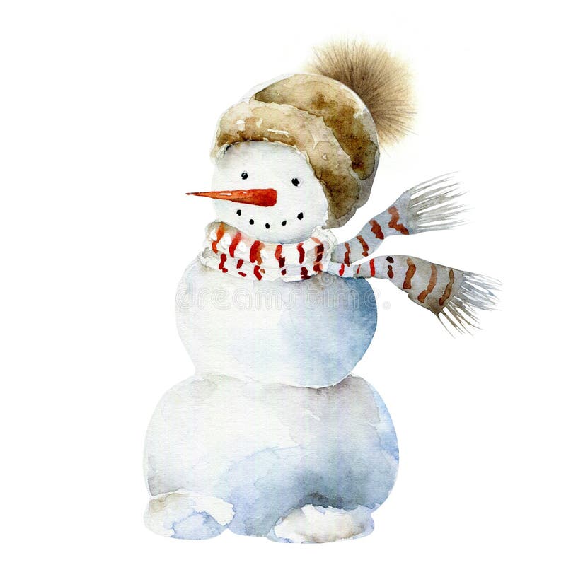 Waterkleurige sneeuwman in sjaal en hoed Kerstwaterkleurillustratie