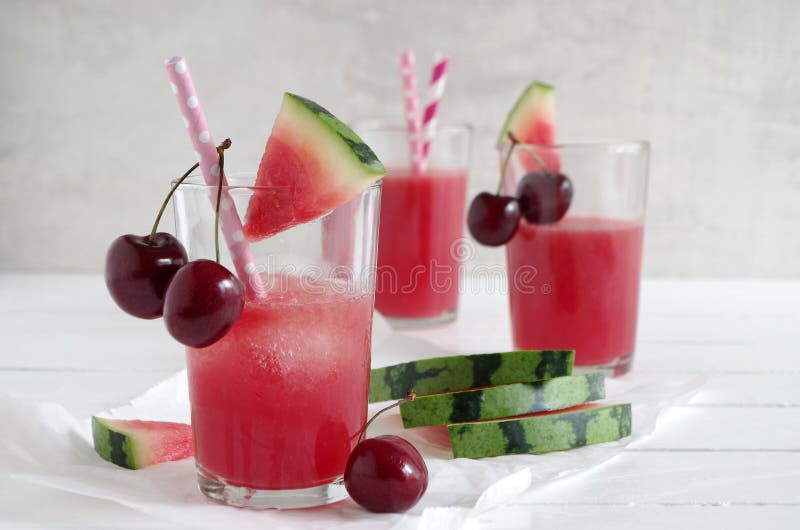 Watermelon-cherry smoothie stock image. Image of glass - 74173977