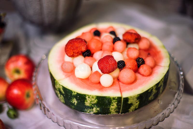 Watermelon. Fresh and Ripe Watermelon and Melon Balls. Stock Photo