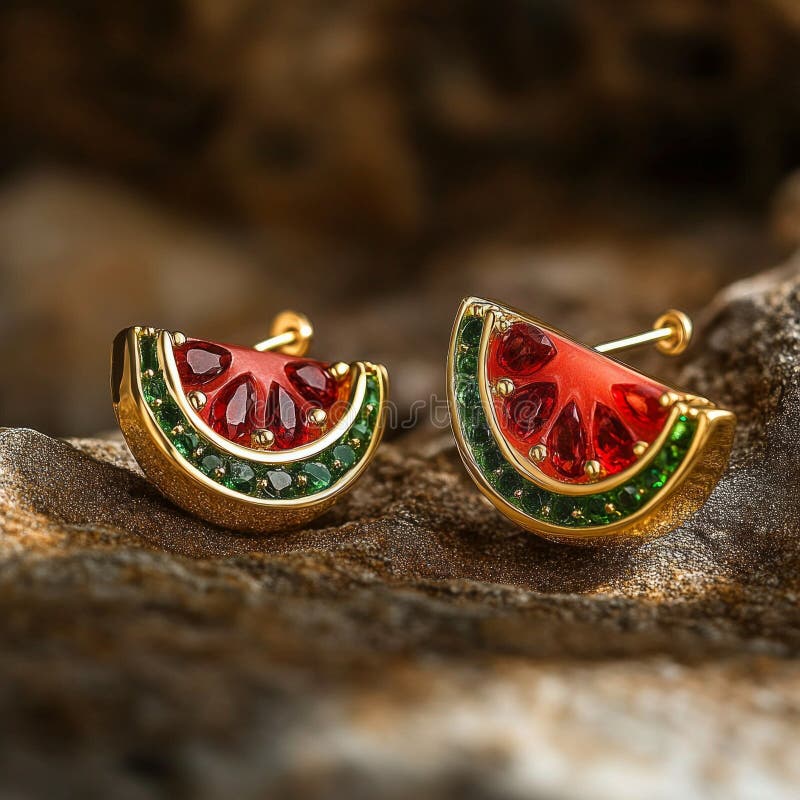 Watermelon-inspired Earrings with Gold Setting on Textured Surface ...