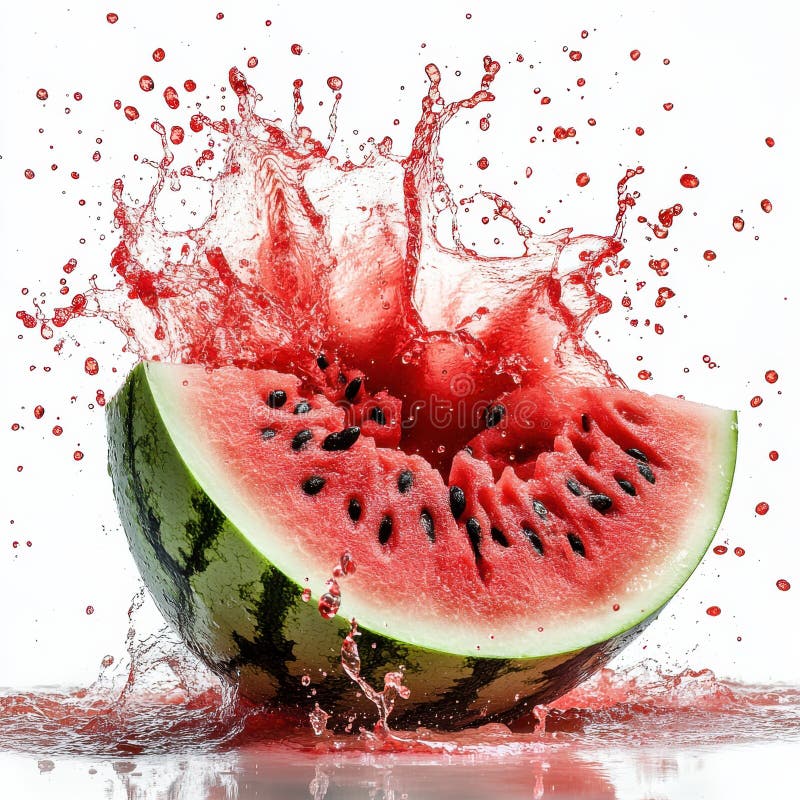 Watermelon juice splash erupts from broken fruit wedge on white background a vibrant and dynamic of showcasing fresh splatters stock illustratie
