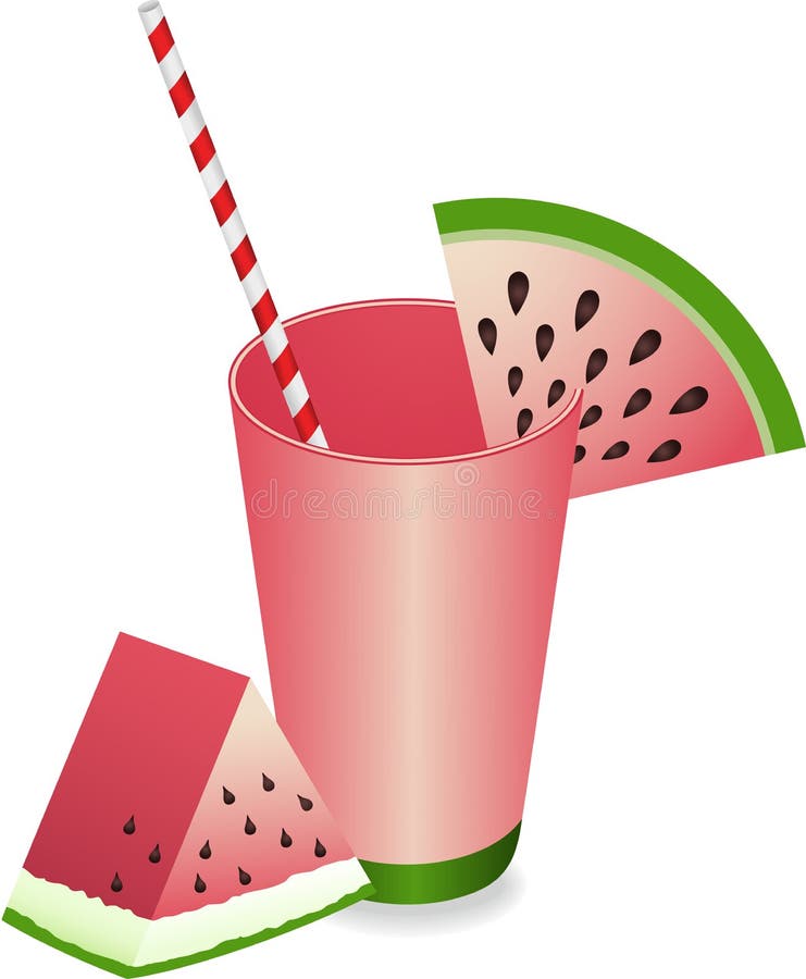 Watermelon and Juice Cup with Straw Cartoon in Black and White Stock