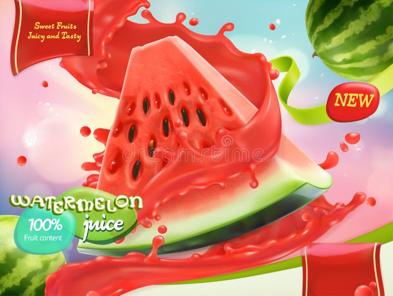 Watermelon juice. Sweet fruits. 3d realistic vector, package design. Juice splash logo vectors
