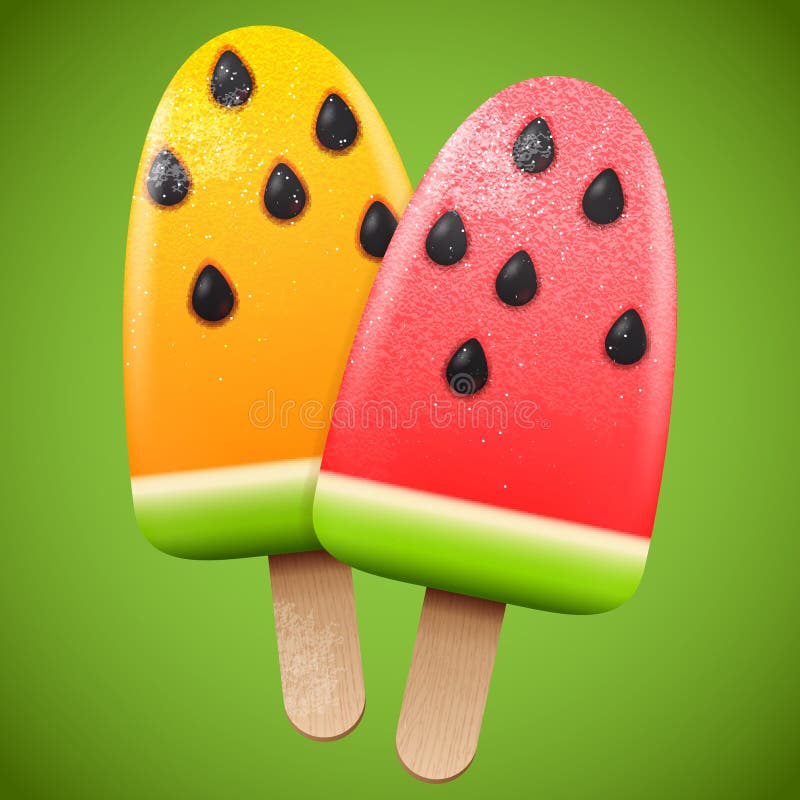 Watermelon juicy ice cream, bright homemade frozen popsicle; vector realistic graphic icon