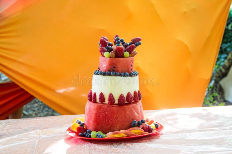 watermelon and melon cake decorated with fruit for wedding