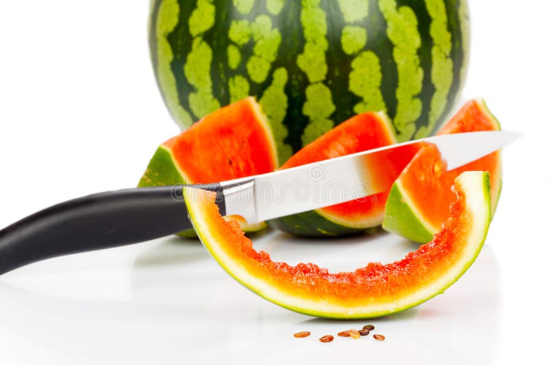 Watermelon and Pieces with a Kitchen Knife Stock Photo Image of copy