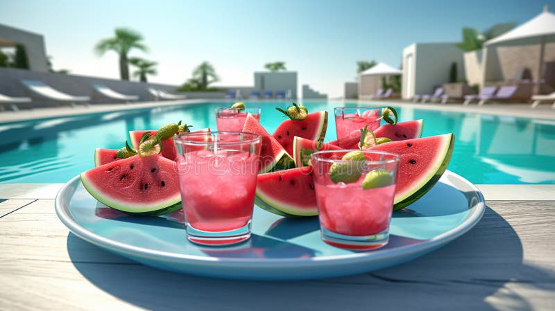 Pool party with sangria pitcher, fruit cocktails and refreshments by the  swimming pool. Summer lifestyle, topical vacation, fun and relaxation theme  Stock Photo - Alamy