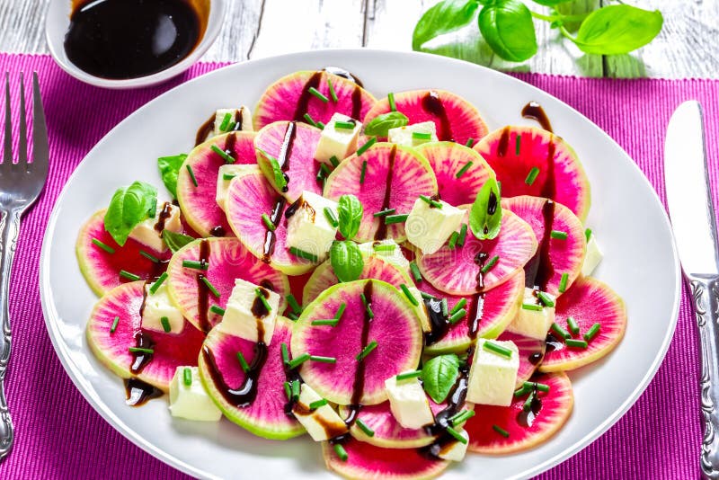 Watermelon Radish Salad with Mozzarella, Onion Chives and Basil, Close
