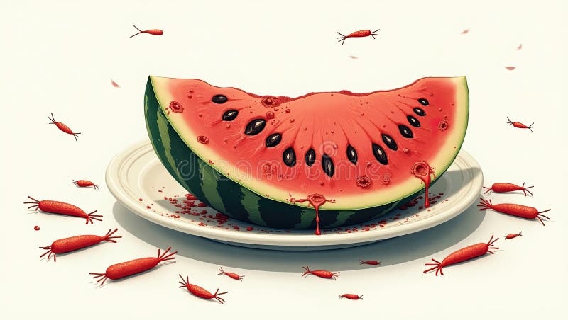 Watermelon Slice Contaminated With Salmonella and Various Tiny Organisms on a White Plate royalty free stock photos