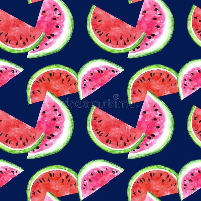 Watercolor watermelon slice seamless pattern. Summer ripe fruits background. Juicy fruit print. navy blue background