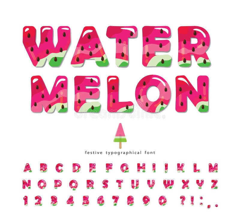 Watermelon summer bright font. Cartoon decorative alphabet. Glossy letters and numbers isolated on white. For package