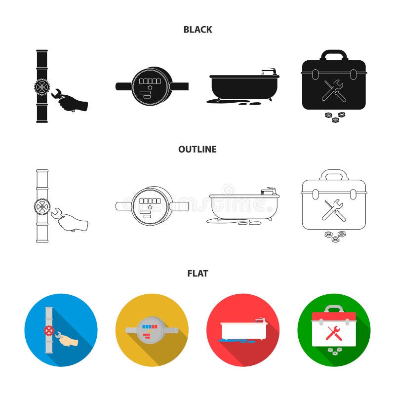 Watermeter, bad en ander materiaal Pictogrammen van de loodgieterswerk de vastgestelde inzameling in zwarte, vlak, vector het sym stock illustratie Watermeter, bad en ander materiaal Pictogrammen van de loodgieterswerk de vastgestelde inzameling in zwarte, vlak, vector het sym stock illustratie