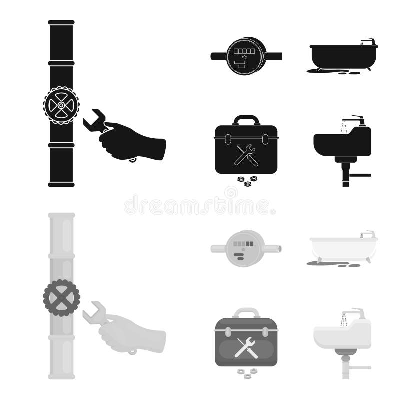 Watermeter, bad en ander materiaal Pictogrammen van de loodgieterswerk de vastgestelde inzameling in de zwarte, zwart-wit voorraa stock illustratie Watermeter, bad en ander materiaal Pictogrammen van de loodgieterswerk de vastgestelde inzameling in de zwarte, zwart-wit voorraa stock illustratie