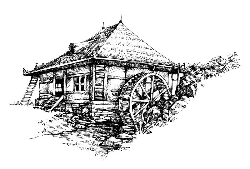 Watermill hand drawn